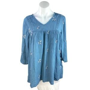 Max Blue Floral Embroidered Crochet Half Sleeve V Neck Babydoll Blouse Top Sz M